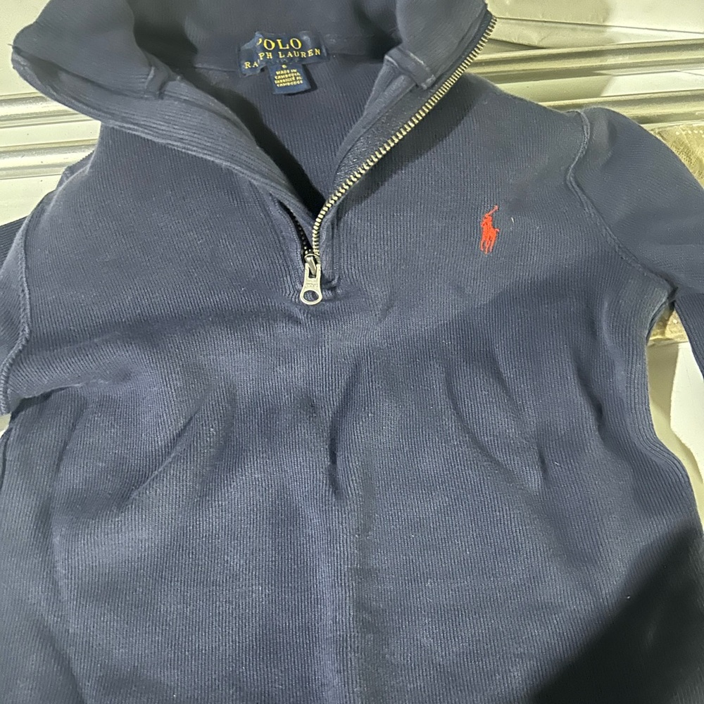 Ralph Lauren, navy blue quarter zip, longsleeve sweatshirt. Size 6 boys